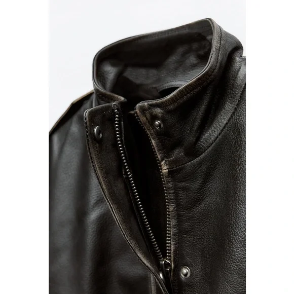 NWT Zara Distressed Effect High Collar Leather Jacket Dark Brown Sz:L